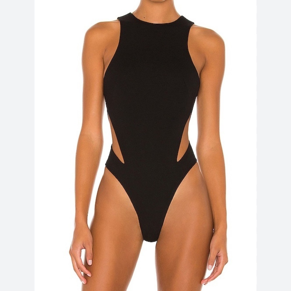ATOIR BIANCA BODY SUIT BLACK SZ 2 STRETCHY SCUBA TYPE FABRIC SIDE CUTOUTS
